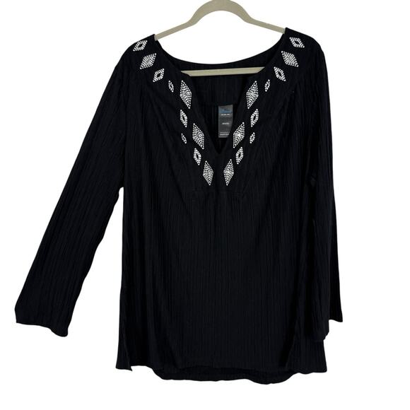Catalina Women size 2X Swim Cover Tunic Black Aztex Embroidered Long Sleeve V Ne - Picture 1 of 8
